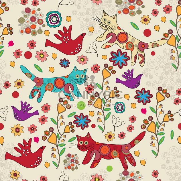 Vector folk background with colorful cats and birds on floral background - Kostenloses vector #125956