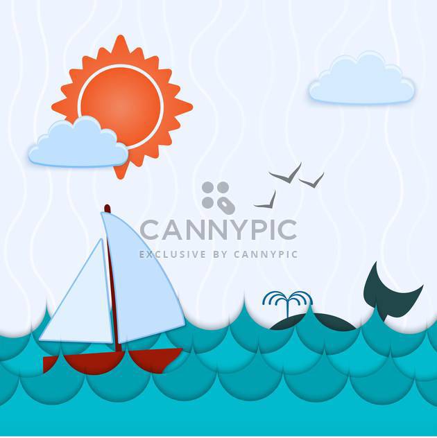 Vector blue color background with whale and boat - Free vector #126786