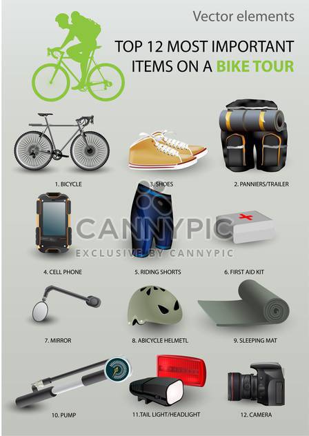 Top 12 most important items on a bike tour vector set - vector gratuit #131736 