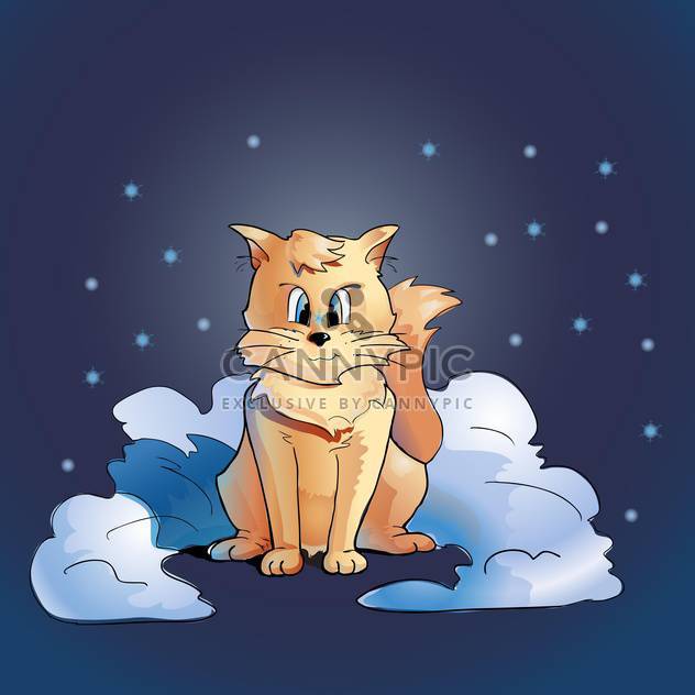 colorful illustration of fluffy cat sitting in snow on blue background with stars - Kostenloses vector #125896