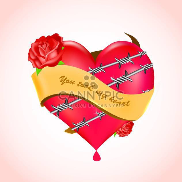 Vector illustration of bleeding heart with barbed wire and red roses. - Free vector #128756