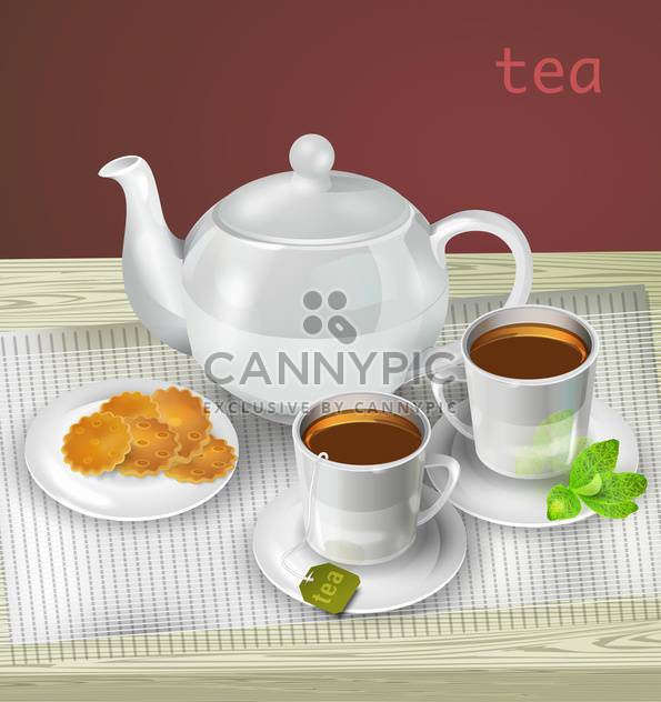 Vector illustration of teapot, cups and cookies on table - vector #129336 gratis