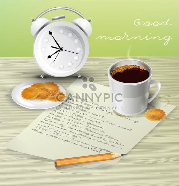 Vector illustration of morning table for breakfast with schedule, cup of coffee, biscuits, alarm clock and pencil - Kostenloses vector #129726