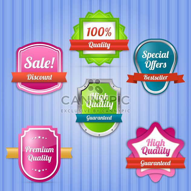 Vector set of colorful labels for sale on striped blue background - vector #130036 gratis