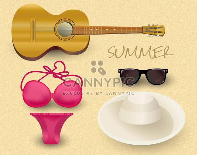 Vector summer set with guitar, sunglasses, hat and swim suit - Free vector #131756