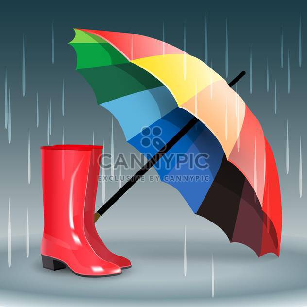 Rubber boots and umbrella on grey background with rain - Free vector #131856